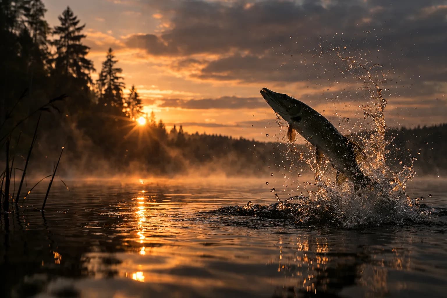 Pike leaping from a misty lake at golden sunrise