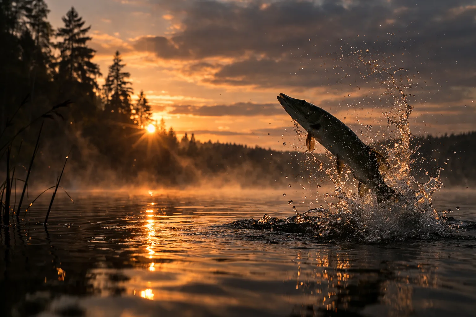 Pike leaping from a misty lake at golden sunrise